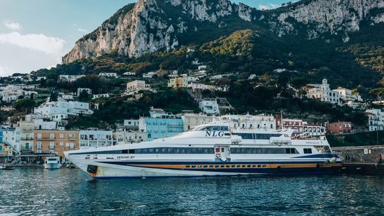 A ferry docked at Capri Island harbor with stunning mountain and town view.