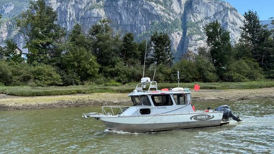 A boat cruises a river with majestic mountains and lush greenery in the background.